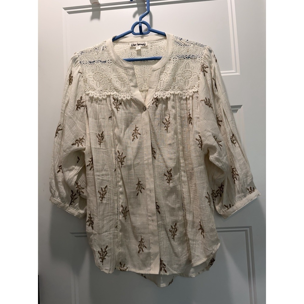 Hope Springs Embroidered Boho Lace Blouse Ivory Cream Crochet Yoke Small